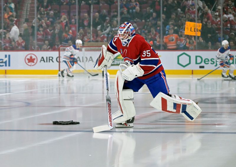 Nov 18, 2024; Montreal, Quebec, CAN;  Montreal Canadiens goalie Sam Montembeault (35) skates during the warmup period before the game against the Edmonton Oilers at the Bell Centre. Mandatory Credit: Eric Bolte-Imagn Images