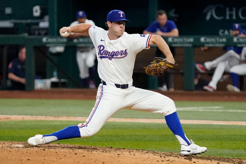 Sep 19, 2024; Arlington, Texas, USA; Texas Rangers pitcher Matt Festa (63) throws to the plate during the seventh inning against the Toronto Blue Jays at Globe Life Field. Mandatory Credit: Raymond Carlin III-Imagn Images