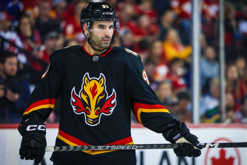 Jan 21, 2023; Calgary, Alberta, CAN; Calgary Flames center Nazem Kadri (91) during the third period against the Tampa Bay Lightning at Scotiabank Saddledome. Mandatory Credit: Sergei Belski-USA TODAY Sports