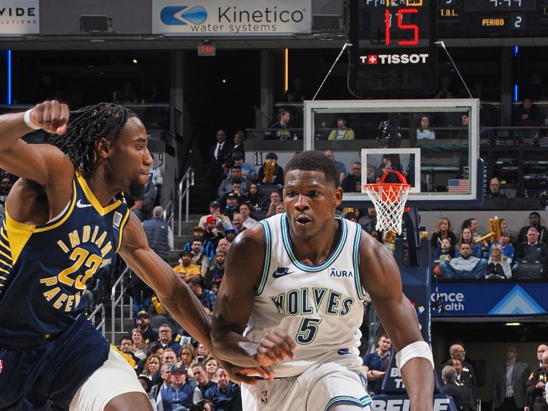 INDIANAPOLIS, IN - MARCH 7: Anthony Edwards #5 of the Minnesota Timberwolves dribbles the ball during the game against the Indiana Pacers on March 7, 2024 at Gainbridge Fieldhouse in Indianapolis, Indiana. NOTE TO USER: User expressly acknowledges and agrees that, by downloading and or using this Photograph, user is consenting to the terms and conditions of the Getty Images License Agreement. Mandatory Copyright Notice: Copyright 2024 NBAE (Photo by Ron Hoskins/NBAE via Getty Images)