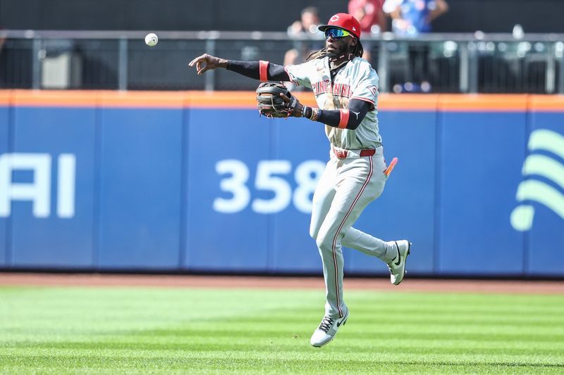 Sep 8, 2024; New York City, New York, USA;  Cincinnati Reds shortstop Elly De La Cruz (44) makes an off balanced throw to second base in the sixth inning against the New York Mets at Citi Field. Mandatory Credit: Wendell Cruz-Imagn Images
