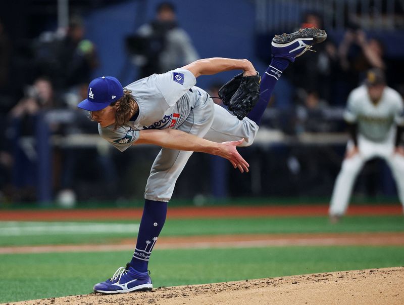 [US, Mexico & Canada customers only] March 20, 2024; Seoul, SOUTH KOREA;  Los Angeles Dodgers pitcher Tyler Glasnow throws against the San Diego Padres during a MLB regular season Seoul Series game at Gocheok Sky Dome. Mandatory Credit: Kim Hong-Ji/Reuters via USA TODAY Sports