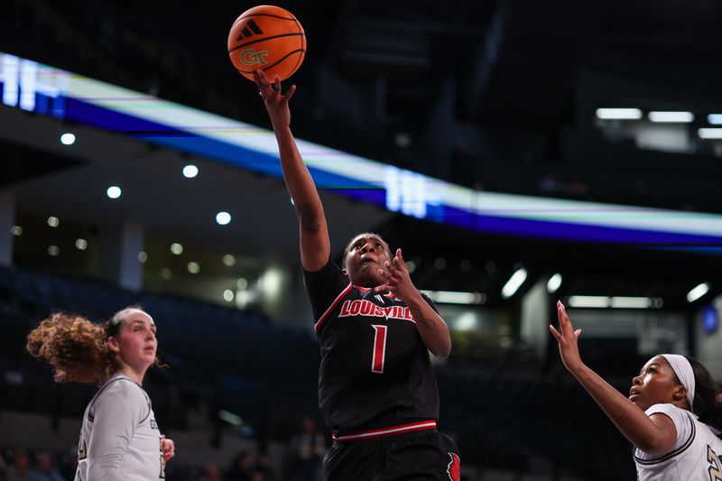 Feb 26, 2026; Atlanta, Georgia, USA; Louisville Cardinals guard Reyna Scott (1) shoots against the Georgia Tech Yellow Jackets in the second quarter at McCamish Pavilion. Mandatory Credit: Brett Davis-Imagn Images