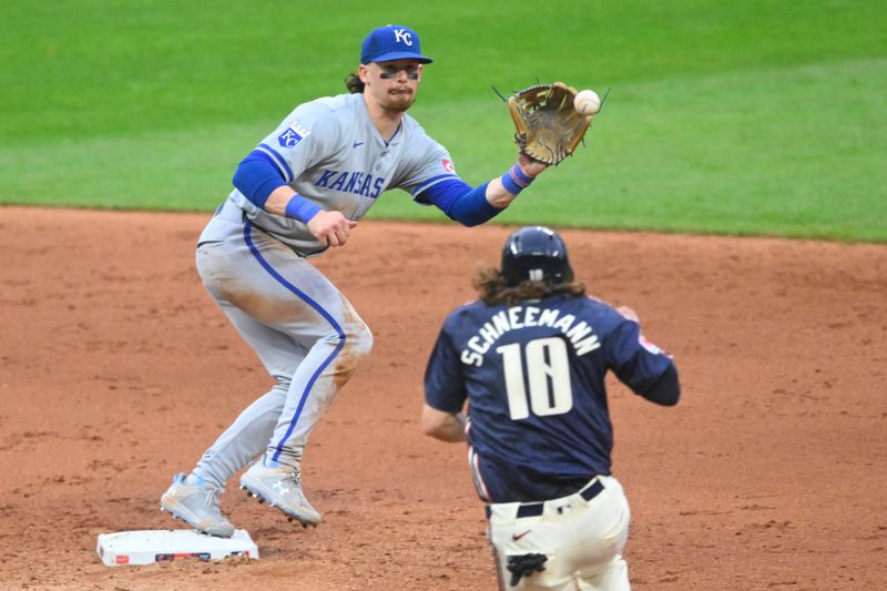 Jun 4, 2024; Cleveland, Ohio, USA; Kansas City Royals shortstop Bobby Witt Jr. (7) catches the ball on a fielder’s choice in the seventh inning against the Cleveland Guardians at Progressive Field. Mandatory Credit: David Richard-USA TODAY Sports