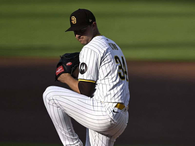 Aug 24, 2024; San Diego, California, USA; San Diego Padres starting pitcher Michael King (34) pitches against the New York Mets during the first inning at Petco Park. Mandatory Credit: Orlando Ramirez-USA TODAY Sports