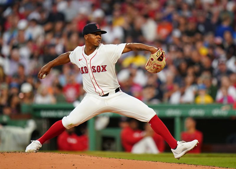 Aug 12, 2024; Boston, Massachusetts, USA; Boston Red Sox starting pitcher Brayan Bello (66) throws a pitch against the Texas Rangers in the second inning at Fenway Park. Mandatory Credit: David Butler II-USA TODAY Sports