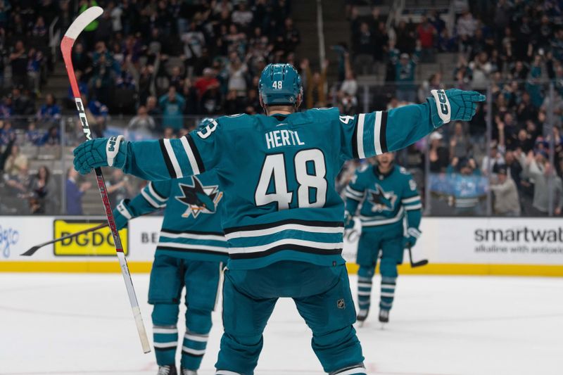 Jan 23, 2024; San Jose, California, USA; San Jose Sharks center Tomas Hertl (48) reacts after defeating the New York Rangers in overtime at SAP Center at San Jose. Mandatory Credit: Stan Szeto-USA TODAY Sports