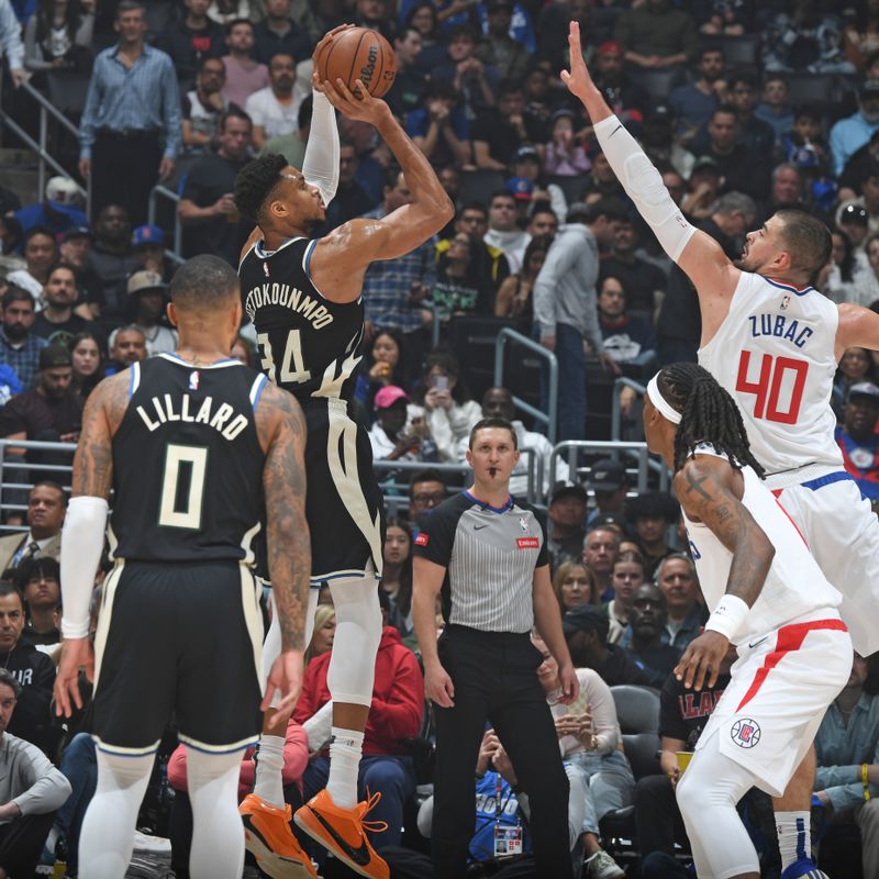 LOS ANGELES, CA - MARCH 10: Giannis Antetokounmpo #34 of the Milwaukee Bucks shoots the ball during the game against the LA Clippers on March 10, 2024 at Crypto.Com Arena in Los Angeles, California. NOTE TO USER: User expressly acknowledges and agrees that, by downloading and/or using this Photograph, user is consenting to the terms and conditions of the Getty Images License Agreement. Mandatory Copyright Notice: Copyright 2024 NBAE (Photo by Andrew D. Bernstein/NBAE via Getty Images)