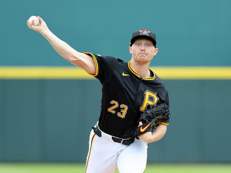 Mar 5, 2025; Bradenton, Florida, USA;  Pittsburgh Pirates starting pitcher Mitch Keller (23) throws a pitch before the fires inning against the Toronto Blue Jays at LECOM Park. Mandatory Credit: Kim Klement Neitzel-Imagn Images