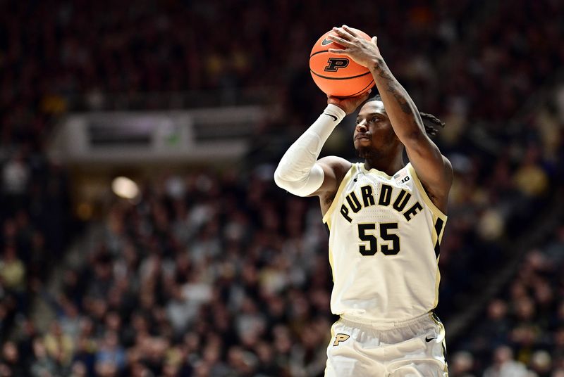 Dec 21, 2023; West Lafayette, Indiana, USA; Purdue Boilermakers guard Lance Jones (55) shoots the ball during the second half against the Jacksonville Dolphins at Mackey Arena. Mandatory Credit: Marc Lebryk-USA TODAY Sports