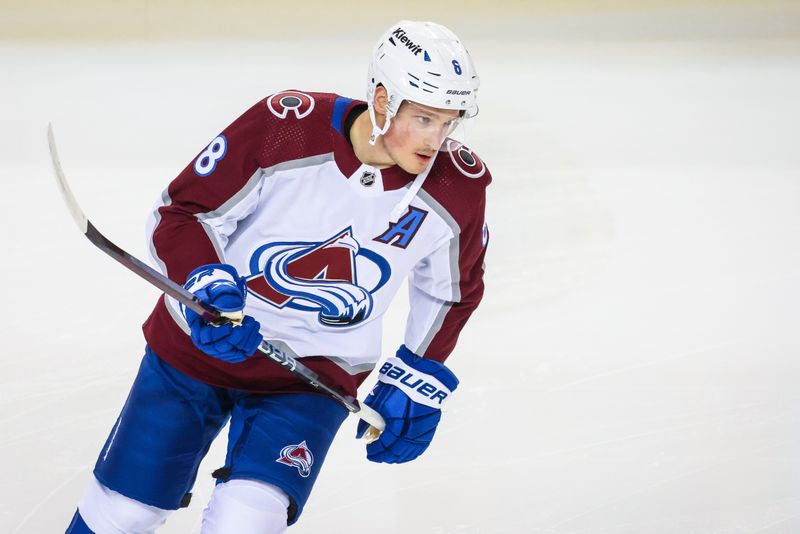 Mar 12, 2024; Calgary, Alberta, CAN; Colorado Avalanche defenseman Cale Makar (8) skates during the warmup period against the Calgary Flames at Scotiabank Saddledome. Mandatory Credit: Sergei Belski-USA TODAY Sports