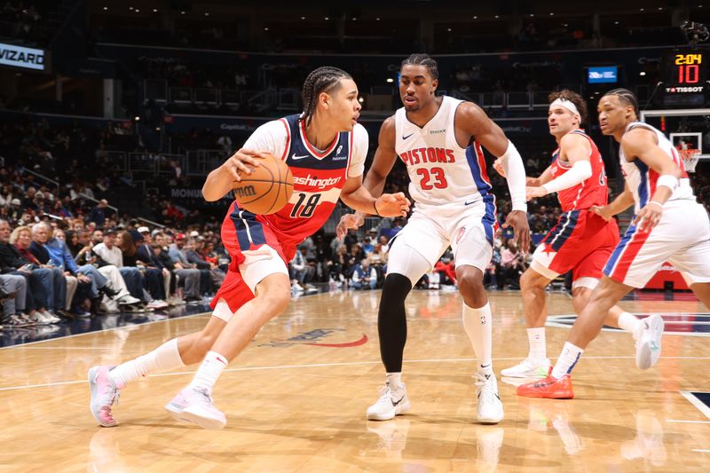 WASHINGTON, DC -? NOVEMBER 17:  Kyshawn George #18 of the Washington Wizards dribbles the ball during the game against the Detroit Pistons on November 17, 2024 at Capital One Arena in Washington, DC. NOTE TO USER: User expressly acknowledges and agrees that, by downloading and or using this Photograph, user is consenting to the terms and conditions of the Getty Images License Agreement. Mandatory Copyright Notice: Copyright 2024 NBAE (Photo by Kenny Giarla/NBAE via Getty Images)