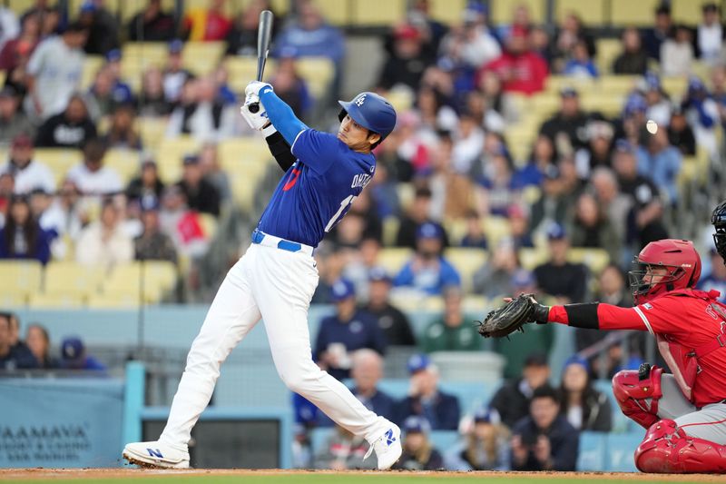 Mar 25, 2024; Los Angeles, California, USA; Los Angeles Dodgers designated hitter Shohei Ohtani (17) bats in the first inning against the Los Angeles Angels  at Dodger Stadium. Mandatory Credit: Kirby Lee-USA TODAY Sports