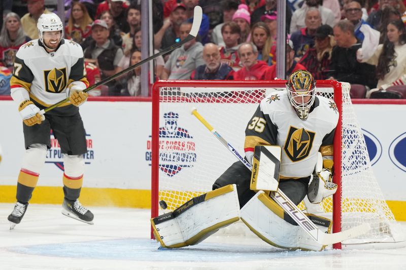 Oct 19, 2024; Sunrise, Florida, USA;  Vegas Golden Knights goaltender Ilya Samsonov (35) gives up a goal to Florida Panthers center Sam Reinhart (not pictured) during the second period at Amerant Bank Arena. Mandatory Credit: Jim Rassol-Imagn Images