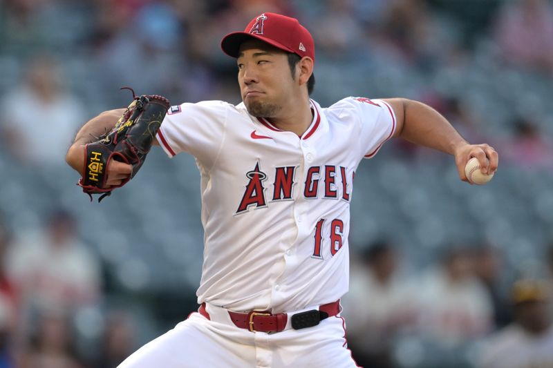 Jun 9, 2025; Anaheim, California, USA;  Los Angeles Angels starting pitcher Yusei Kikuchi (16) delivers to the plate in the first inning Athletics at Angel Stadium. Mandatory Credit: Jayne Kamin-Oncea-Imagn Images