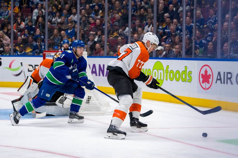 Oct 11, 2024; Vancouver, British Columbia, CAN;  Vancouver Canucks forward Nils Hoglander (21) stick checks Philadelphia Flyers defenseman Erik Johnson (77) during the first period at Rogers Arena. Mandatory Credit: Bob Frid-Imagn Images