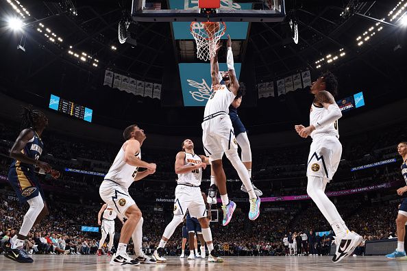 DENVER, CO - NOVEMBER 6: Larry Nance Jr. #22 of the New Orleans Pelicans dunks the ball during the game against the Denver Nuggets on November 6, 2023 at the Ball Arena in Denver, Colorado. NOTE TO USER: User expressly acknowledges and agrees that, by downloading and/or using this Photograph, user is consenting to the terms and conditions of the Getty Images License Agreement. Mandatory Copyright Notice: Copyright 2023 NBAE (Photo by Garrett Ellwood/NBAE via Getty Images)