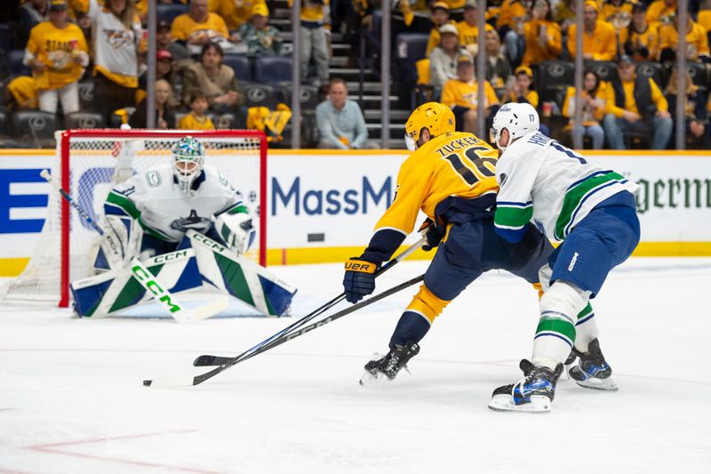 Apr 28, 2024; Nashville, Tennessee, USA; Nashville Predators left wing Jason Zucker (16) takes a shot on goal against the Vancouver Canucks during the second period in game four of the first round of the 2024 Stanley Cup Playoffs at Bridgestone Arena. Mandatory Credit: Steve Roberts-USA TODAY Sports