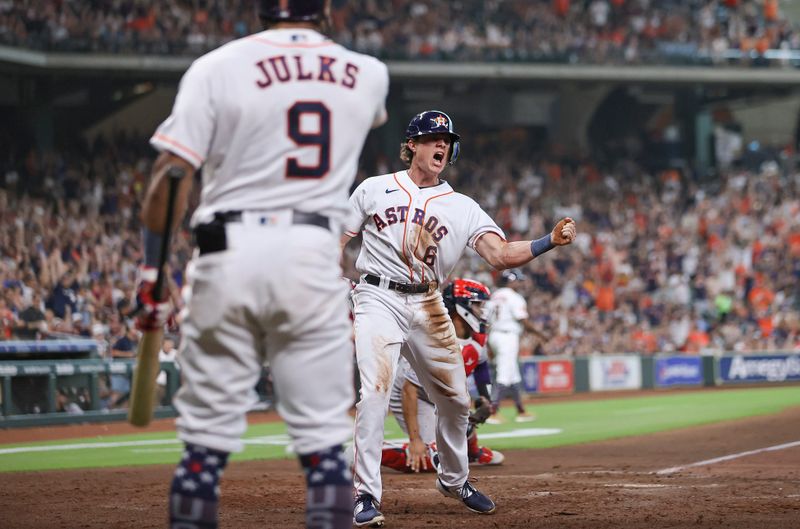 Jul 4, 2023; Houston, Texas, USA; Houston Astros center fielder Jake Meyers (6) reacts after scoring a run during the fifth inning against the Colorado Rockies at Minute Maid Park. Mandatory Credit: Troy Taormina-USA TODAY Sports