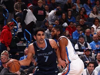 OKLAHOMA CITY, OK - DECEMBER 18:  Santi Aldama #7 of the Memphis Grizzlies handles the ball during the game against the Oklahoma City Thunder on December 18, 2023 at Paycom Arena in Oklahoma City, Oklahoma. NOTE TO USER: User expressly acknowledges and agrees that, by downloading and or using this photograph, User is consenting to the terms and conditions of the Getty Images License Agreement. Mandatory Copyright Notice: Copyright 2023 NBAE (Photo by Zach Beeker/NBAE via Getty Images)