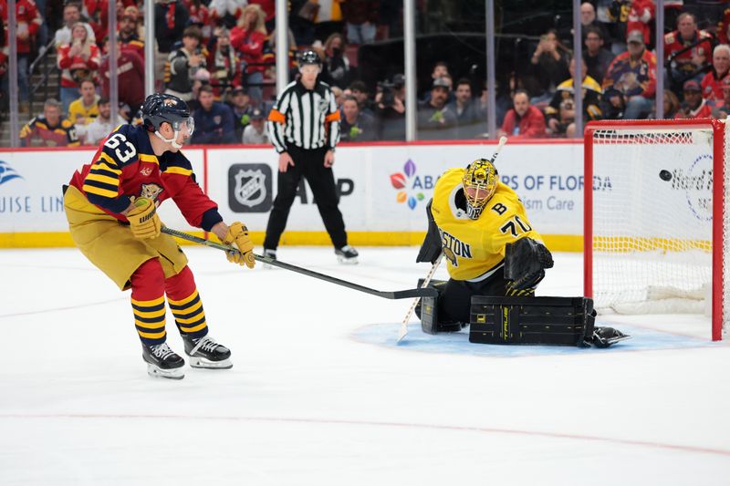 Feb 4, 2026; Sunrise, Florida, USA; Florida Panthers left wing Brad Marchand (63) scores the winning goal against Boston Bruins goaltender Joonas Korpisalo (70) during a shootout at Amerant Bank Arena. Mandatory Credit: Sam Navarro-Imagn Images Feb 4, 2026; Sunrise, Florida, USA; Florida Panthers left wing Brad Marchand (63) scores the winning goal against Boston Bruins goaltender Joonas Korpisalo (70) during a shootout at Amerant Bank Arena. Mandatory Credit: Sam Navarro-Imagn Images
