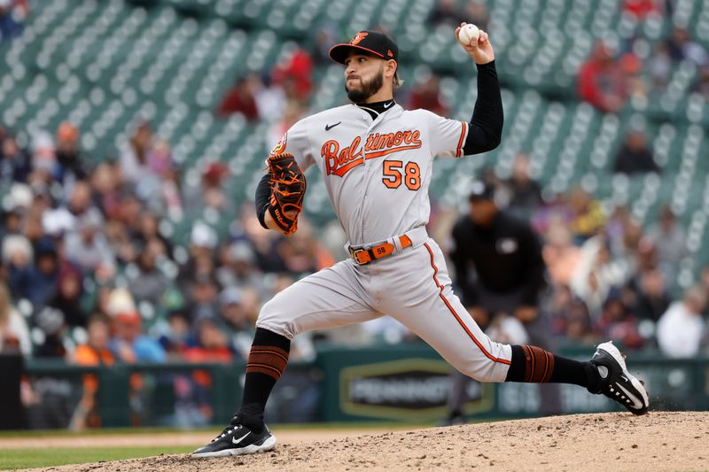 Apr 30, 2023; Detroit, Michigan, USA; Baltimore Orioles relief pitcher Cionel Perez (58) pitches in the fifth inning against the Detroit Tigers at Comerica Park. Mandatory Credit: Rick Osentoski-USA TODAY Sports