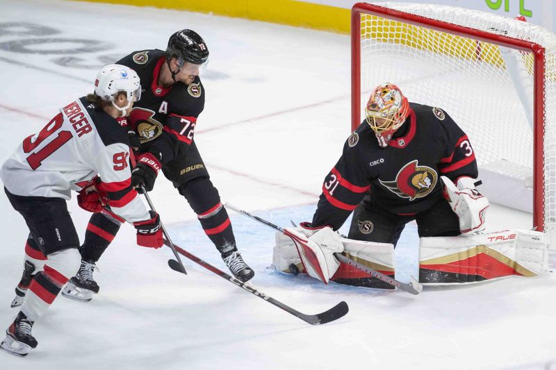 Oct 17, 2024; Ottawa, Ontario, CAN; Ottawa Senators goalie Anton Forsberg (31) makes a save on a shot from New Jersey Devils center Dawson Mercer (91) in the third period at the Canadian Tire Centre. Mandatory Credit: Marc DesRosiers-Imagn Images