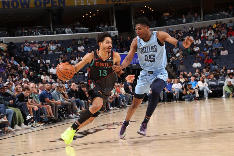 MEMPHIS, TN - MARCH 12: Jordan Poole #13 of the Washington Wizards dribbles the ball during the game against the Memphis Grizzlies on March 12, 2024 at FedExForum in Memphis, Tennessee. NOTE TO USER: User expressly acknowledges and agrees that, by downloading and or using this photograph, User is consenting to the terms and conditions of the Getty Images License Agreement. Mandatory Copyright Notice: Copyright 2024 NBAE (Photo by Joe Murphy/NBAE via Getty Images)