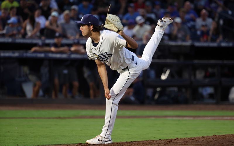 Jun 30, 2025; Tampa, Florida, USA;  Tampa Bay Rays pitcher Paul Gervase (54) throws a pitch against the Athletics during the fourth inning at George M. Steinbrenner Field. Mandatory Credit: Kim Klement Neitzel-Imagn Images