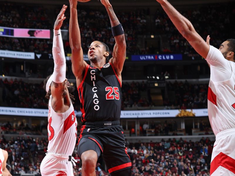 CHICAGO, IL - JANUARY 30: Dalen Terry #25 of the Chicago Bulls shoots the ball during the game against the Toronto Raptors on January 30, 2024 at United Center in Chicago, Illinois. NOTE TO USER: User expressly acknowledges and agrees that, by downloading and or using this photograph, User is consenting to the terms and conditions of the Getty Images License Agreement. Mandatory Copyright Notice: Copyright 2024 NBAE (Photo by Jeff Haynes/NBAE via Getty Images)