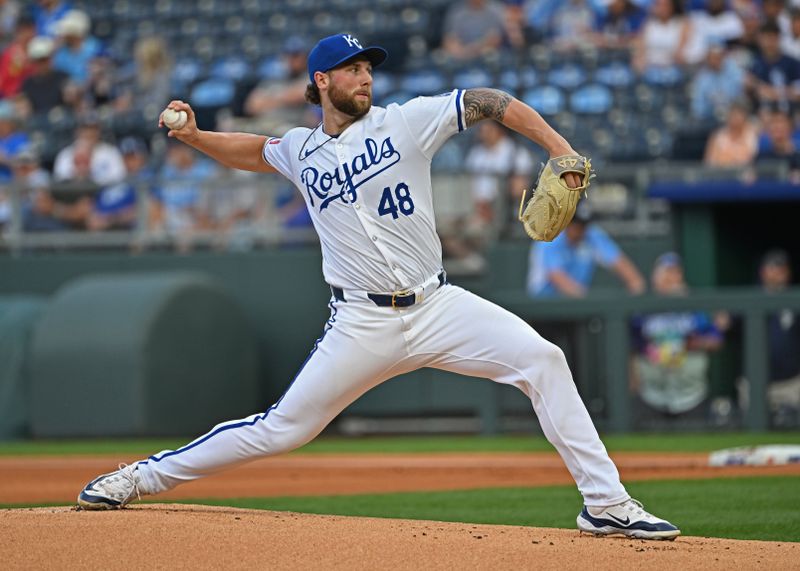 May 21, 2024; Kansas City, Missouri, USA;  Kansas City Royals starting pitcher Alec Marsh (48) delivers a pitch in the first inning against the Detroit Tigers at Kauffman Stadium. Mandatory Credit: Peter Aiken-USA TODAY Sports