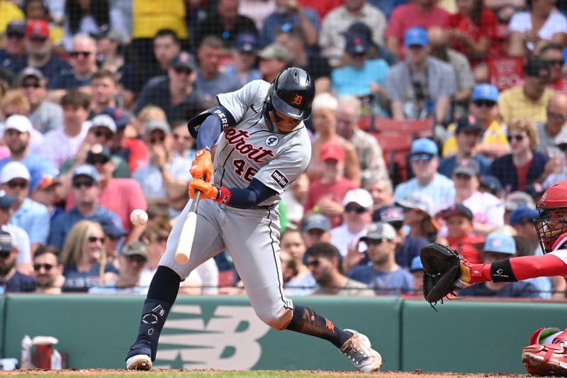 Jun 2, 2024; Boston, Massachusetts, USA;  Detroit Tigers right fielder Wenceel Perez (46) hits a single against the Boston Red Sox during the sixth inning at Fenway Park. Mandatory Credit: Eric Canha-USA TODAY Sports