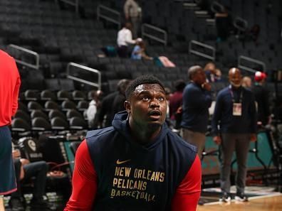 CHARLOTTE, NC - DECEMBER 15: Zion Williamson #1 of the New Orleans Pelicans warms up before the game against the Charlotte Hornets on December 15, 2023 at Spectrum Center in Charlotte, North Carolina. NOTE TO USER: User expressly acknowledges and agrees that, by downloading and or using this photograph, User is consenting to the terms and conditions of the Getty Images License Agreement. Mandatory Copyright Notice: Copyright 2023 NBAE (Photo by Kent Smith/NBAE via Getty Images)