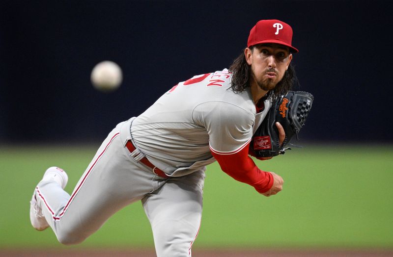 Sep 5, 2023; San Diego, California, USA; Philadelphia Phillies starting pitcher Michael Lorenzen (22) throws a pitch against the San Diego Padres during the first inning at Petco Park. Mandatory Credit: Orlando Ramirez-USA TODAY Sports