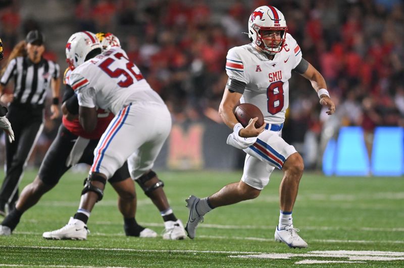 Sep 17, 2022; College Park, Maryland, USA;  Southern Methodist Mustangs quarterback Tanner Mordecai (8) runs during the second quarter against the Maryland Terrapins at Capital One Field at Maryland Stadium. Mandatory Credit: Tommy Gilligan-USA TODAY Sports