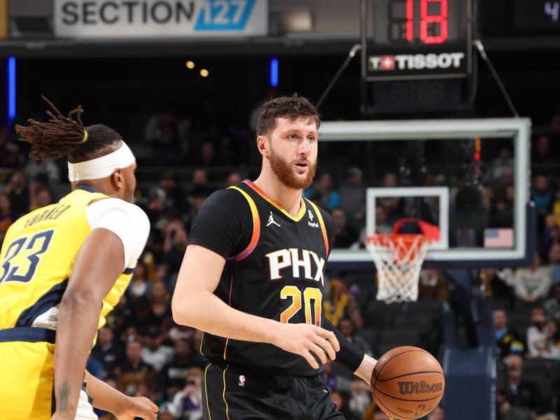 INDIANAPOLIS, IN - JANUARY 26:  Jusuf Nurkic #20 of the Phoenix Suns handles the ball during the game  against the Indiana Pacers on January 26, 2024 at Gainbridge Fieldhouse in Indianapolis, Indiana. NOTE TO USER: User expressly acknowledges and agrees that, by downloading and or using this Photograph, user is consenting to the terms and conditions of the Getty Images License Agreement. Mandatory Copyright Notice: Copyright 2024 NBAE (Photo by Jeff Haynes/NBAE via Getty Images)