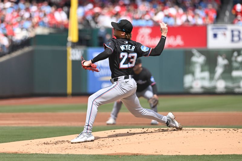 Apr 7, 2024; St. Louis, Missouri, USA; Miami Marlins pitcher Max Meyer (23) pitches against the St. Louis Cardinals during the first inning at Busch Stadium. Mandatory Credit: Jeff Le-USA TODAY Sports