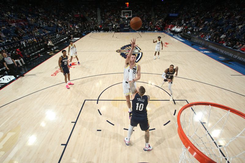 NEW ORLEANS, LA - JANUARY 17:  Drew Eubanks #15 of the Utah Jazz shoots the ball during the game against the New Orleans Pelicans on January 17, 2025 at the Smoothie King Center in New Orleans, Louisiana. NOTE TO USER: User expressly acknowledges and agrees that, by downloading and or using this Photograph, user is consenting to the terms and conditions of the Getty Images License Agreement. Mandatory Copyright Notice: Copyright 2025 NBAE (Photo by Layne Murdoch Jr./NBAE via Getty Images)