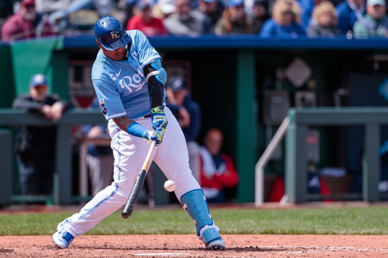 Apr 16, 2023; Kansas City, Missouri, USA; Kansas City Royals catcher Salvador Perez (13) at bat during the sixth inning against the Atlanta Braves at Kauffman Stadium. Mandatory Credit: William Purnell-USA TODAY Sports