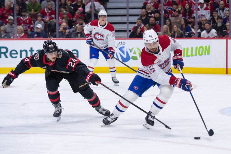 Jan 17, 2026; Ottawa, Ontario, CAN; Ottawa Senators center Dylan Cozens (24) and Montreal Canadiens defenseman Alexandre Carrier (45) battle for control of the puck in the first period at the Canadian Tire Centre. Mandatory Credit: Marc DesRosiers-IMAGN Images