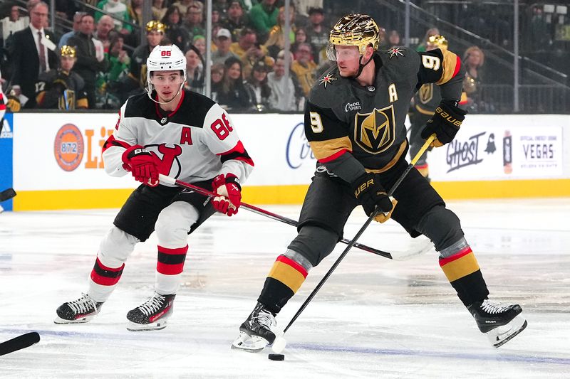 Mar 17, 2024; Las Vegas, Nevada, USA; Vegas Golden Knights center Jack Eichel (9) skates ahead of New Jersey Devils center Jack Hughes (86) during the first period at T-Mobile Arena. Mandatory Credit: Stephen R. Sylvanie-USA TODAY Sports