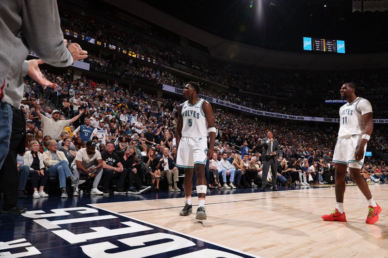 DENVER, CO - MAY 19: Anthony Edwards #5 of the Minnesota Timberwolves celebrates during the game  against the Denver Nuggets during Round 2 Game 7 of the 2024 NBA Playoffs on May 19, 2024 at the Ball Arena in Denver, Colorado. NOTE TO USER: User expressly acknowledges and agrees that, by downloading and/or using this Photograph, user is consenting to the terms and conditions of the Getty Images License Agreement. Mandatory Copyright Notice: Copyright 2023 NBAE (Photo by David Sherman/NBAE via Getty Images)