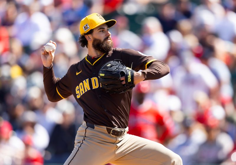 Mar 16, 2025; Tempe, Arizona, USA; San Diego Padres pitcher Dylan Cease against the Los Angeles Angels during a spring training game at Tempe Diablo Stadium. Mandatory Credit: Mark J. Rebilas-Imagn Images