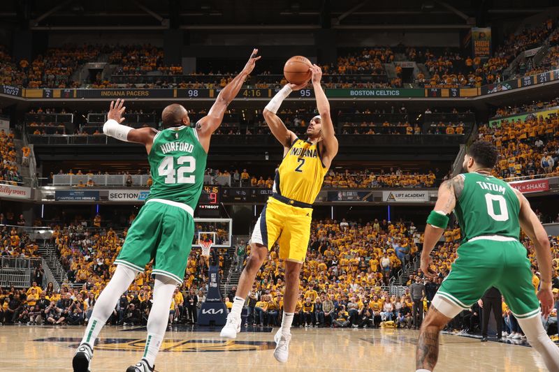 INDIANAPOLIS, IN - MAY 27: Andrew Nembhard #2 of the Indiana Pacers shoots the ball during the game against the Boston Celtics during Game 4 of the Eastern Conference Finals of the 2024 NBA Playoffs on May 27, 2024 at Gainbridge Fieldhouse in Indianapolis, Indiana. NOTE TO USER: User expressly acknowledges and agrees that, by downloading and or using this Photograph, user is consenting to the terms and conditions of the Getty Images License Agreement. Mandatory Copyright Notice: Copyright 2024 NBAE (Photo by Nathaniel S. Butler/NBAE via Getty Images)