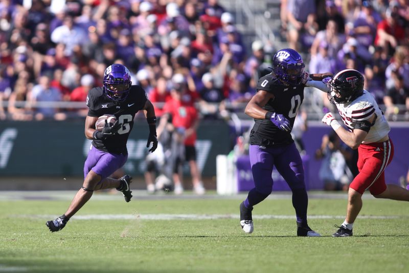 Oct 26, 2024; Fort Worth, Texas, USA;  TCU Horned Frogs running back Jeremy Payne (26) runs the ball against Texas Tech Red Raiders in the second quarter at Amon G. Carter Stadium. Mandatory Credit: Tim Heitman-Imagn Images