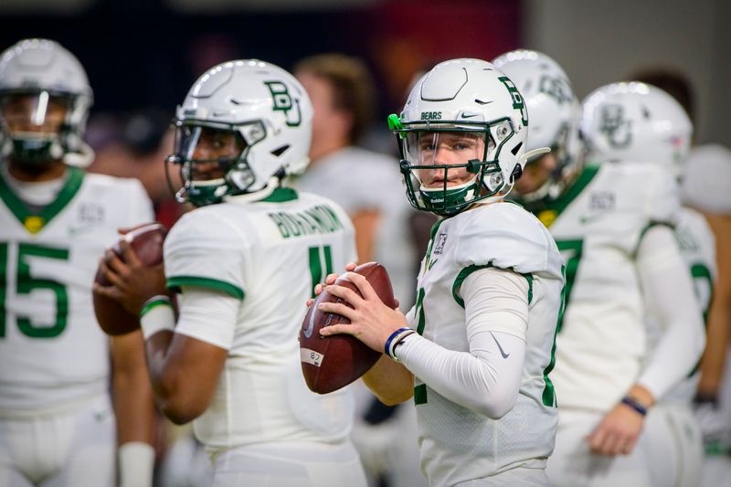 Dec 4, 2021; Arlington, TX, USA; Baylor Bears quarterback Gerry Bohanon (11) and quarterback Blake Shapen (12) warm up before the game against the Oklahoma State Cowboys during the Big 12 Conference championship game at AT&T Stadium. Mandatory Credit: Jerome Miron-USA TODAY Sports