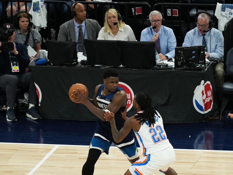 MINNEAPOLIS, MN -  MAY 26: Anthony Edwards #5 of the Minnesota Timberwolves handles the ball during the game against the Oklahoma City Thunder during Game Three of the Western Conference Finals on May 26, 2025 at Target Center in Minneapolis, Minnesota. NOTE TO USER: User expressly acknowledges and agrees that, by downloading and or using this Photograph, user is consenting to the terms and conditions of the Getty Images License Agreement. Mandatory Copyright Notice: Copyright 2025 NBAE (Photo by Jordan Johnson/NBAE via Getty Images)