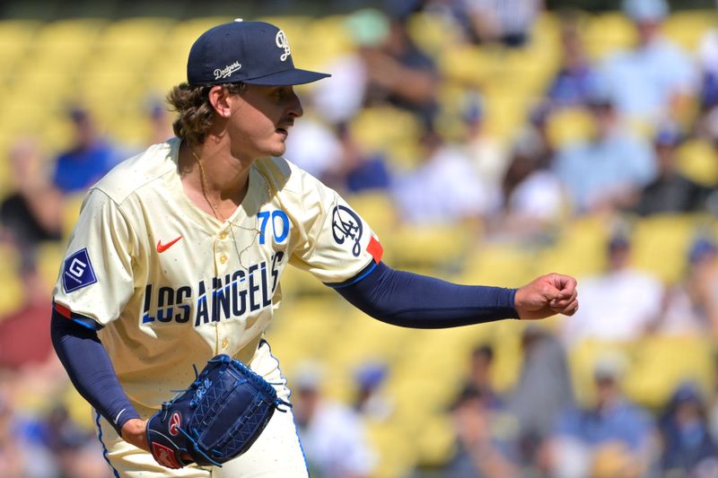 Jul 20, 2024; Los Angeles, California, USA;  Los Angeles Dodgers starting pitcher Justin Wrobleski (70) delivers to the plate in the first inning against the Boston Red Sox at Dodger Stadium. Mandatory Credit: Jayne Kamin-Oncea-USA TODAY Sports