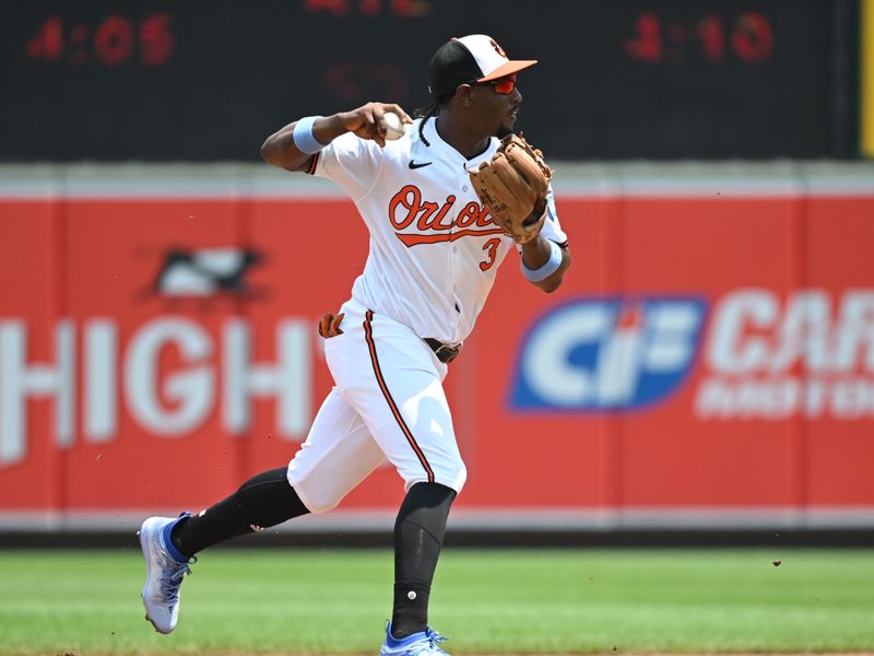 Jul 14, 2024; Baltimore, Maryland, USA;  Baltimore Orioles second base Jorge Mateo (3) throws to first base during the fifth inning against the New York Yankees at Oriole Park at Camden Yards. Mandatory Credit: James A. Pittman-USA TODAY Sports