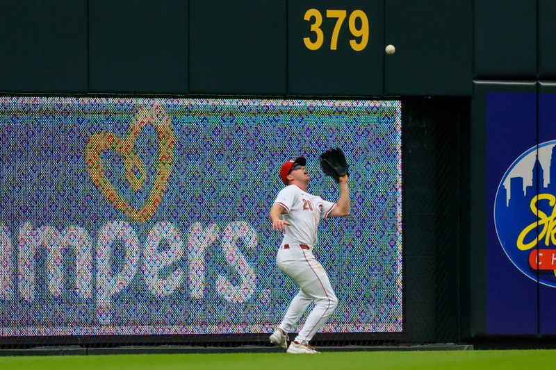 May 26, 2024; Cincinnati, Ohio, USA; Cincinnati Reds outfielder Jacob Hurtubise (26) catches a pop up hit by Los Angeles Dodgers first baseman Freddie Freeman (not pictured) in the fourth inning at Great American Ball Park. Mandatory Credit: Katie Stratman-USA TODAY Sports